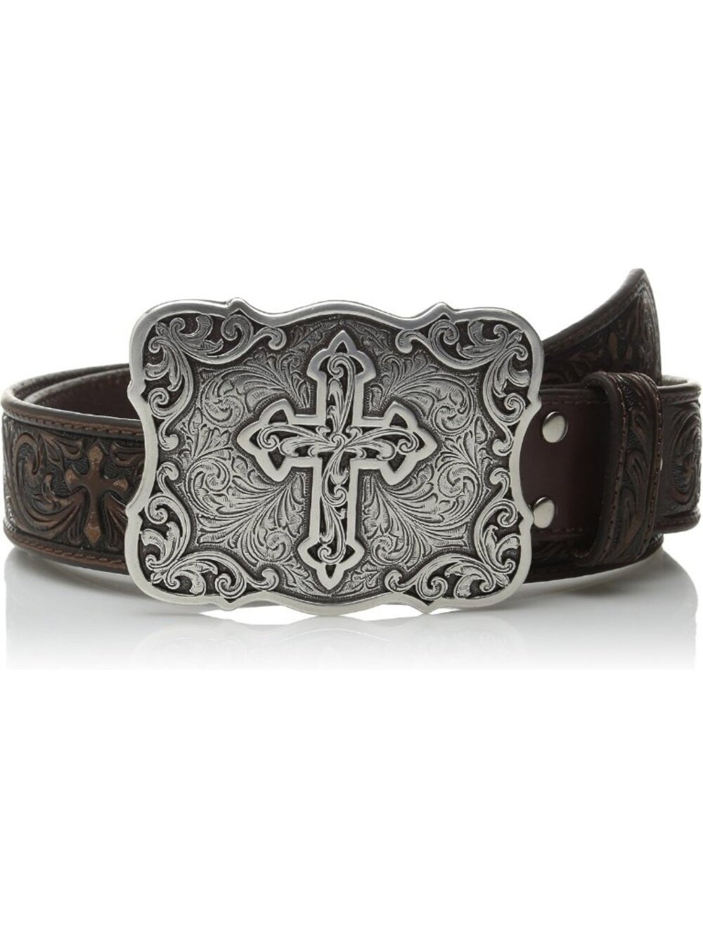 Stylish Women's Brown Scroll Embossed Cross Buckle Belt - Small Accessory